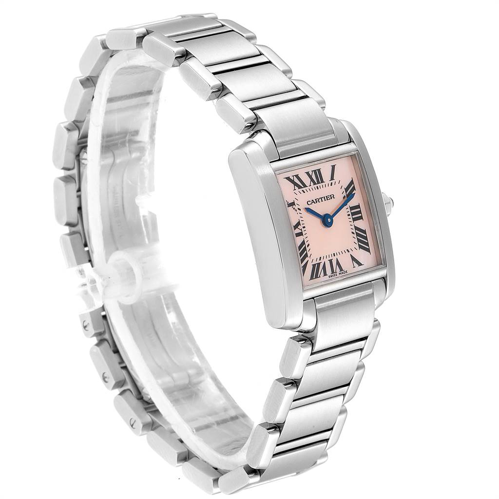 The image shows a Cartier Tank Francaise W51028Q3 Women's Stainless Steel Mother of Pearl Dial W51028Q3 Women's Stainless Steel Mother of Pearl Dial watch at a slight angle, highlighting the face, strap, and side profile.