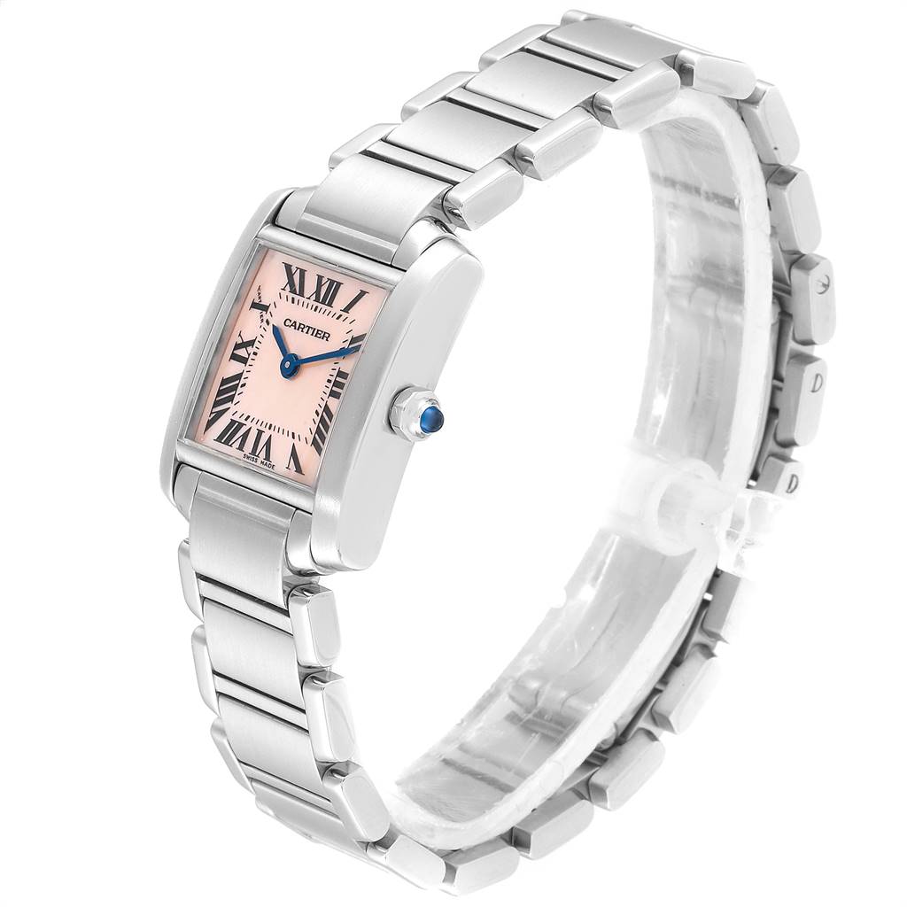 This image shows a Cartier Tank Francaise W51028Q3 Women's Stainless Steel Mother of Pearl Dial W51028Q3 Women's Stainless Steel Mother of Pearl Dial watch with a pink dial and metallic bracelet, viewed at an angle showcasing the dial and bracelet.