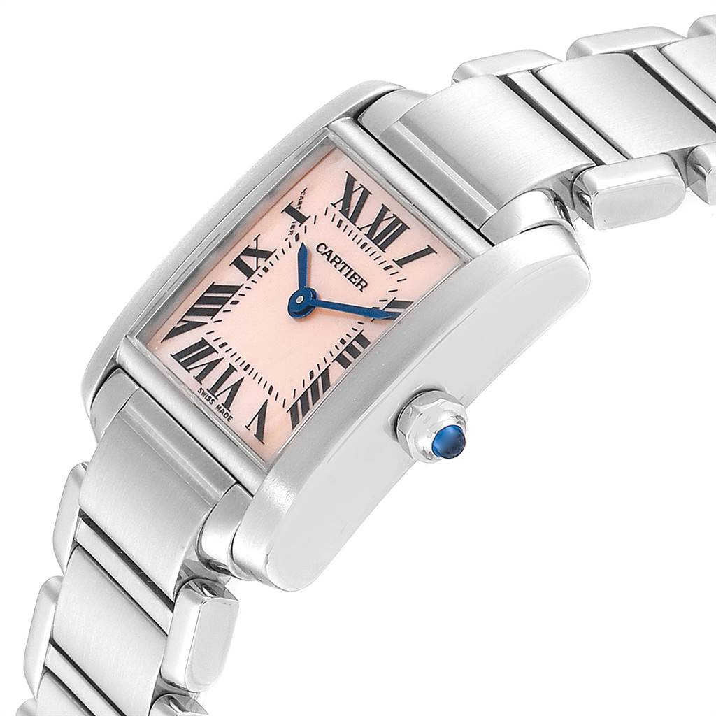 The image shows a Cartier Tank Francaise W51028Q3 Women's Stainless Steel Mother of Pearl Dial W51028Q3 Women's Stainless Steel Mother of Pearl Dial watch from an angled side view, highlighting its dial, bracelet, and crown.
