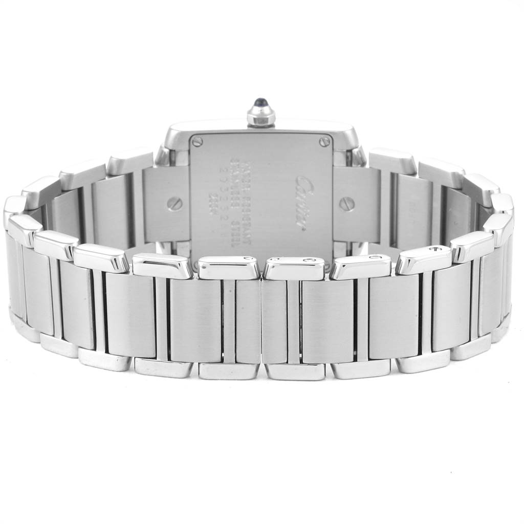 The image shows the back view of a Cartier Tank Francaise W51028Q3 Women's Stainless Steel Mother of Pearl Dial W51028Q3 Women's Stainless Steel Mother of Pearl Dial watch, focusing on the clasp and stainless steel bracelet.