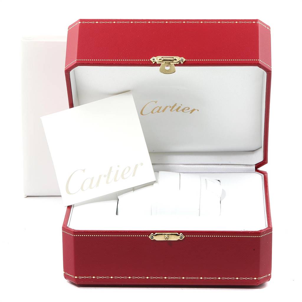 The image shows the red box and packaging accessories for a Cartier Tank Francaise W51028Q3 Women's Stainless Steel Mother of Pearl Dial W51028Q3 Women's Stainless Steel Mother of Pearl Dial watch, including the pillow and documentation.