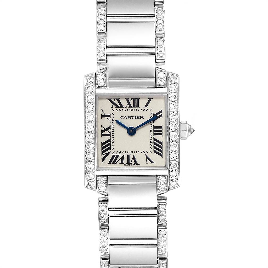 The image shows a front view of the Cartier Tank Française model, highlighting its rectangular face, Roman numerals, and metal bracelet with diamond accents.
