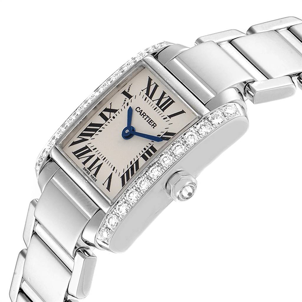The Cartier Tank Francaise WE1002S3 Women's White Gold Silver Dial WE1002S3 Women's White Gold Silver Dial watch is angled to show the face, bezel, crown, and a portion of the bracelet.