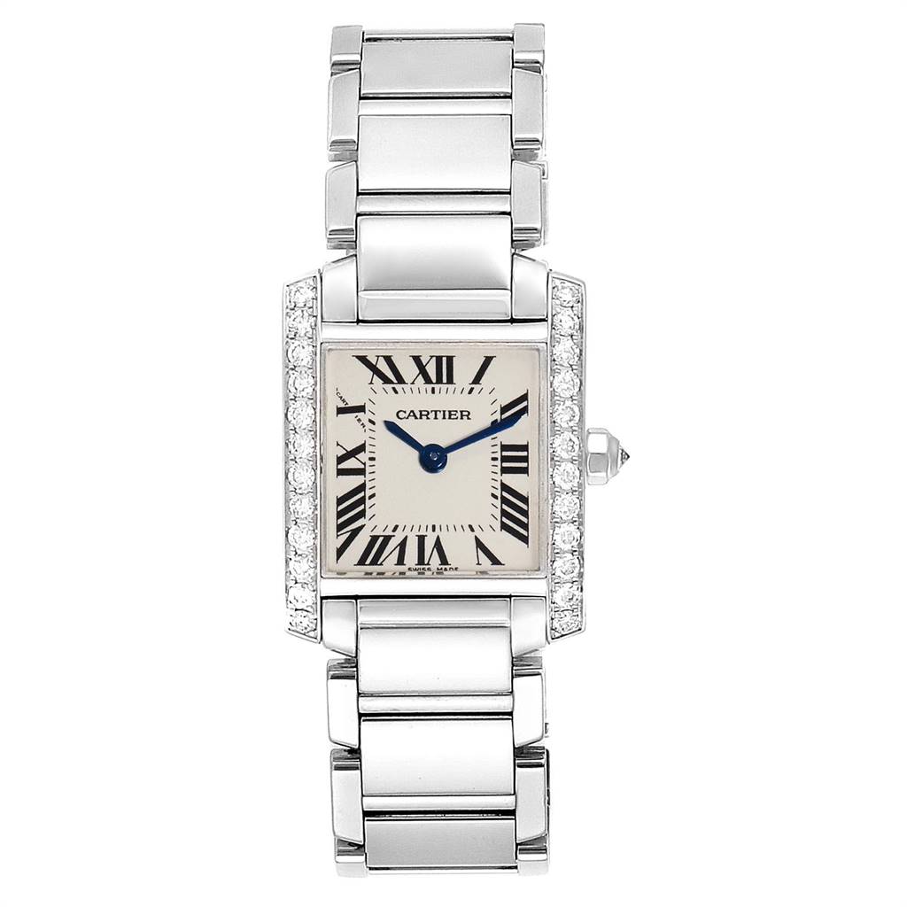 The Cartier Tank Française watch is shown from a front angle, displaying its face, band, and side crown.