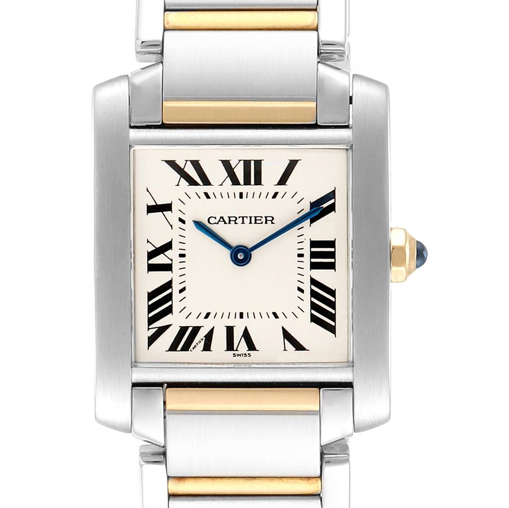 The image shows a Cartier Tank Francaise W2TA0003 Women's Steel and Gold (two tone) Silver Dial W2TA0003 Women's Steel and Gold (two tone) Silver Dial watch from a front view, highlighting the dial, case, and part of the bracelet.