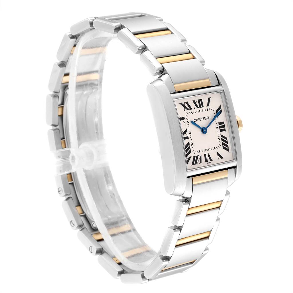 The image shows a side angle of the Cartier Tank Française watch, displaying its rectangular face and metal bracelet with gold accents.