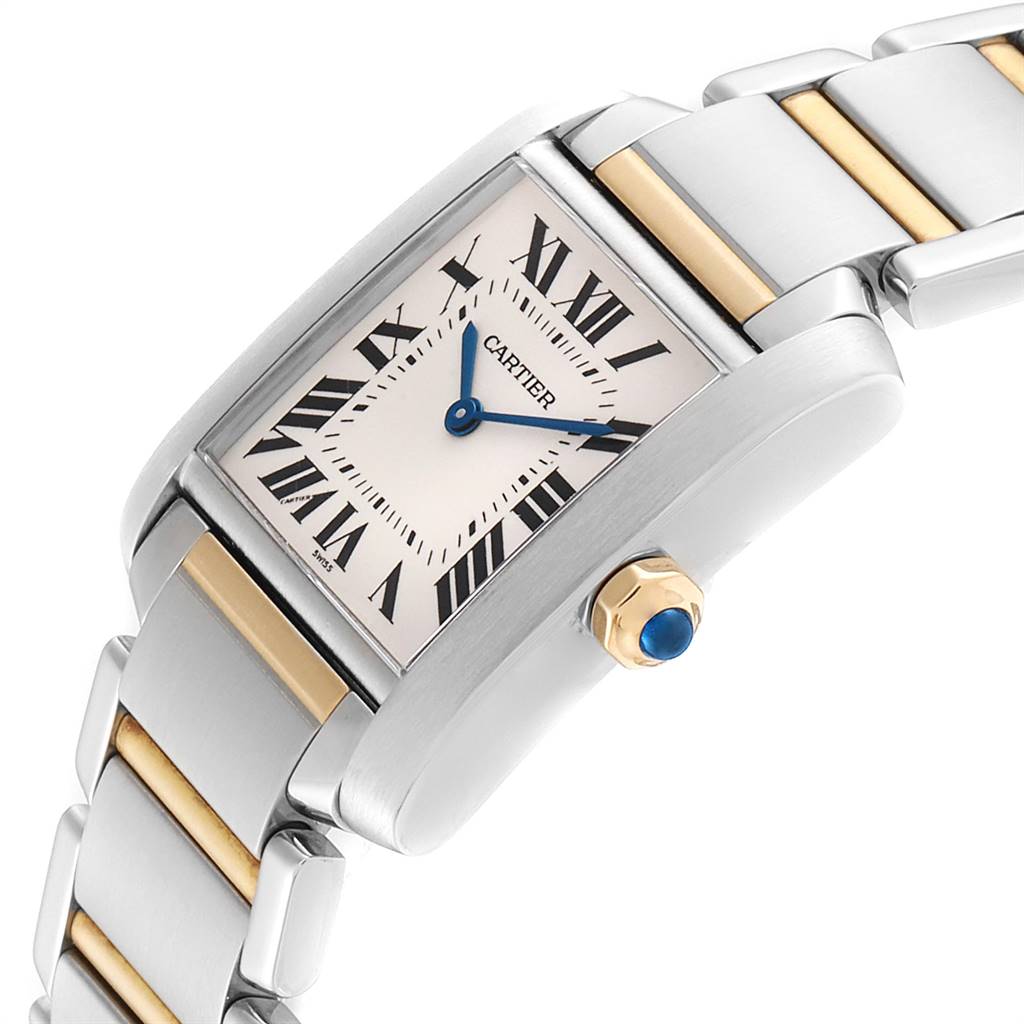 This image shows a close-up angled view of the Cartier Tank Francaise W2TA0003 Women's Steel and Gold (two tone) Silver Dial W2TA0003 Women's Steel and Gold (two tone) Silver Dial watch, highlighting the dial, hands, bracelet, and crown.