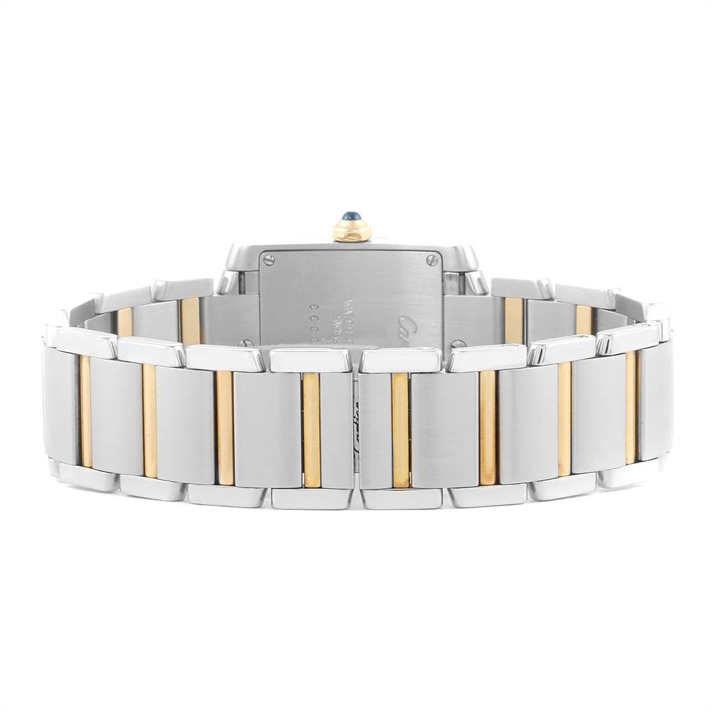 The image shows the back view of the bracelet and case of a Cartier Tank Francaise W2TA0003 Women's Steel and Gold (two tone) Silver Dial W2TA0003 Women's Steel and Gold (two tone) Silver Dial watch, highlighting its metal links.