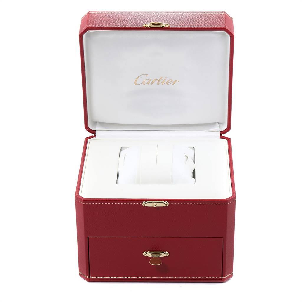 This image shows an open Cartier box, likely for the Tank Française model watch, with the brand name displayed inside the lid.