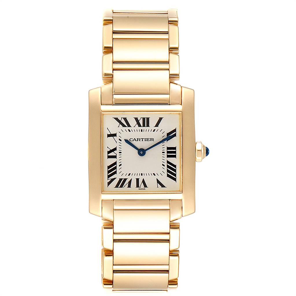 This image shows a front view of the Cartier Tank Francaise W50003N2 Women's Yellow Gold Silver Dial W50003N2 Women's Yellow Gold Silver Dial watch, highlighting its rectangular face and metal bracelet.
