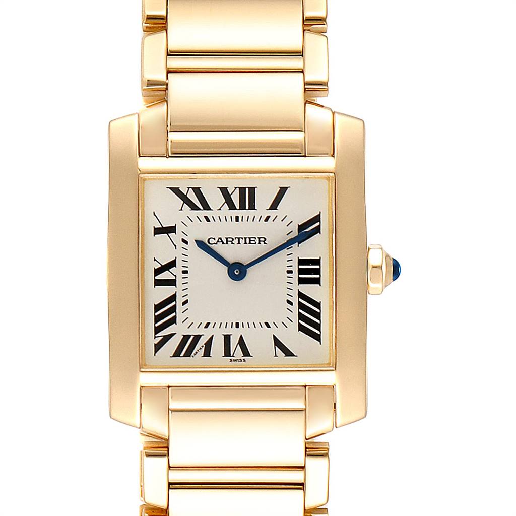 The image shows a front view of the Cartier Tank Française watch, highlighting its gold case, bracelet, and Roman numeral dial.