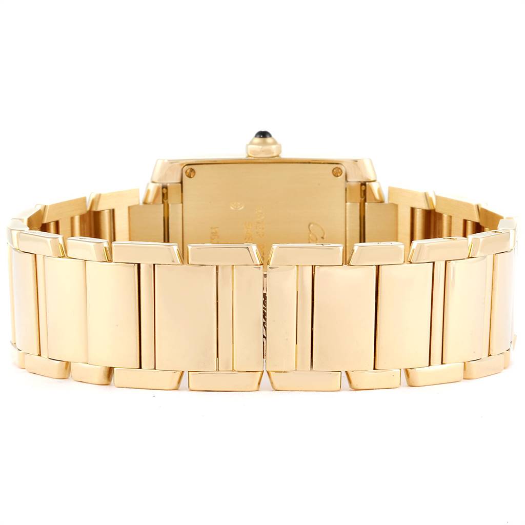 The image shows the back view of the gold bracelet and case of a Cartier Tank Francaise W50003N2 Women's Yellow Gold Silver Dial W50003N2 Women's Yellow Gold Silver Dial watch.