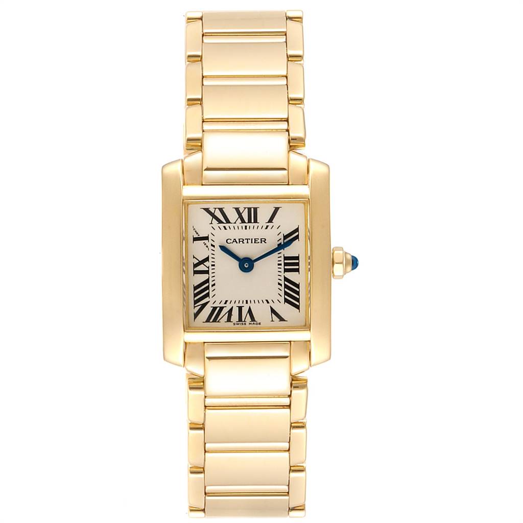 The image shows a frontal view of the Cartier Tank Française watch, highlighting its rectangular face, Roman numeral markers, and gold bracelet.