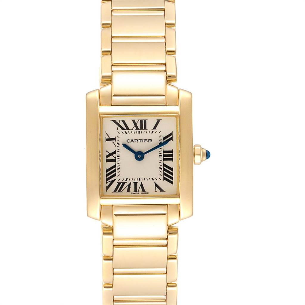 This image shows a front view of a Cartier Tank Francaise W50002N2 Women's Yellow Gold Silver Dial W50002N2 Women's Yellow Gold Silver Dial watch, displaying its rectangular dial and bracelet.