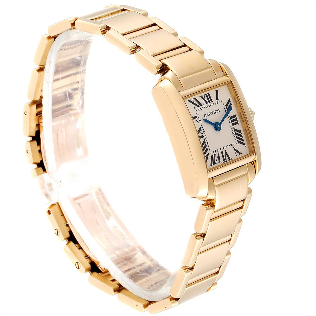 The image shows a Cartier Tank Francaise W50002N2 Women's Yellow Gold Silver Dial W50002N2 Women's Yellow Gold Silver Dial watch at a right-side angle, highlighting its rectangular face and linked bracelet.