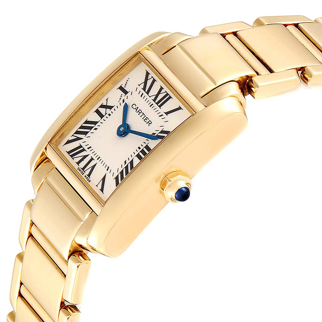 The image shows a close-up, angled view of a Cartier Tank Francaise W50002N2 Women's Yellow Gold Silver Dial W50002N2 Women's Yellow Gold Silver Dial watch, highlighting its gold case, bracelet, and crown.