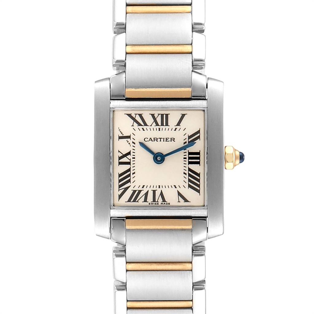 The image shows a frontal view of the Cartier Tank Francaise W51007Q4 Women's Steel and Gold (two tone) Silver Dial W51007Q4 Women's Steel and Gold (two tone) Silver Dial watch, featuring the face, bezel, crown, and the bracelet.