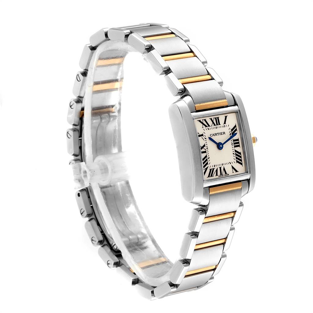 The image shows a Cartier Tank Française watch, featuring the face, case, and bracelet from a side angle.