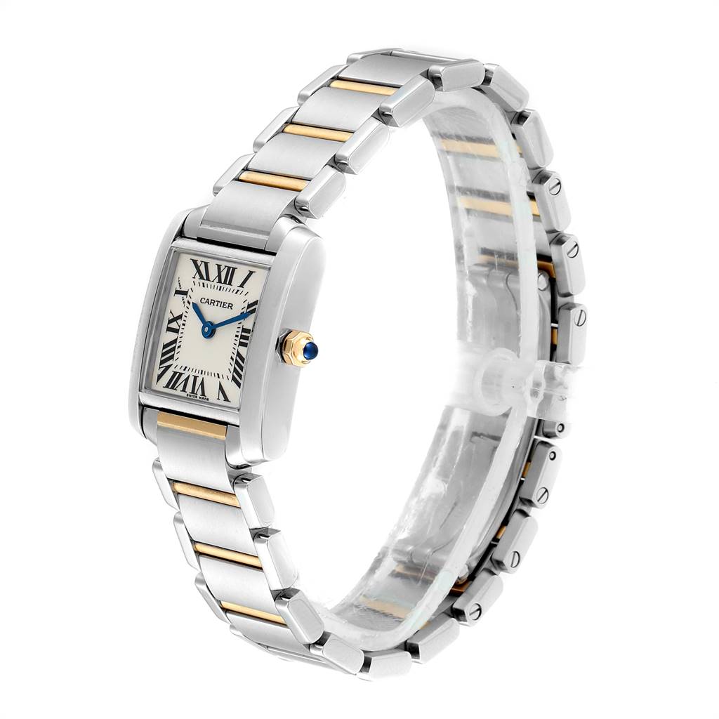 The Cartier Tank Francaise W51007Q4 Women's Steel and Gold (two tone) Silver Dial W51007Q4 Women's Steel and Gold (two tone) Silver Dial watch is shown at a three-quarter angle, displaying the face, case, and bracelet.