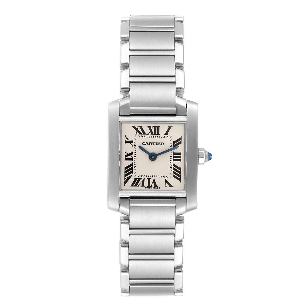 This image shows a frontal view of a Cartier Tank Francaise W51008Q3 Women's Stainless Steel Silver Dial W51008Q3 Women's Stainless Steel Silver Dial watch, highlighting its square face, Roman numerals, and metal bracelet.