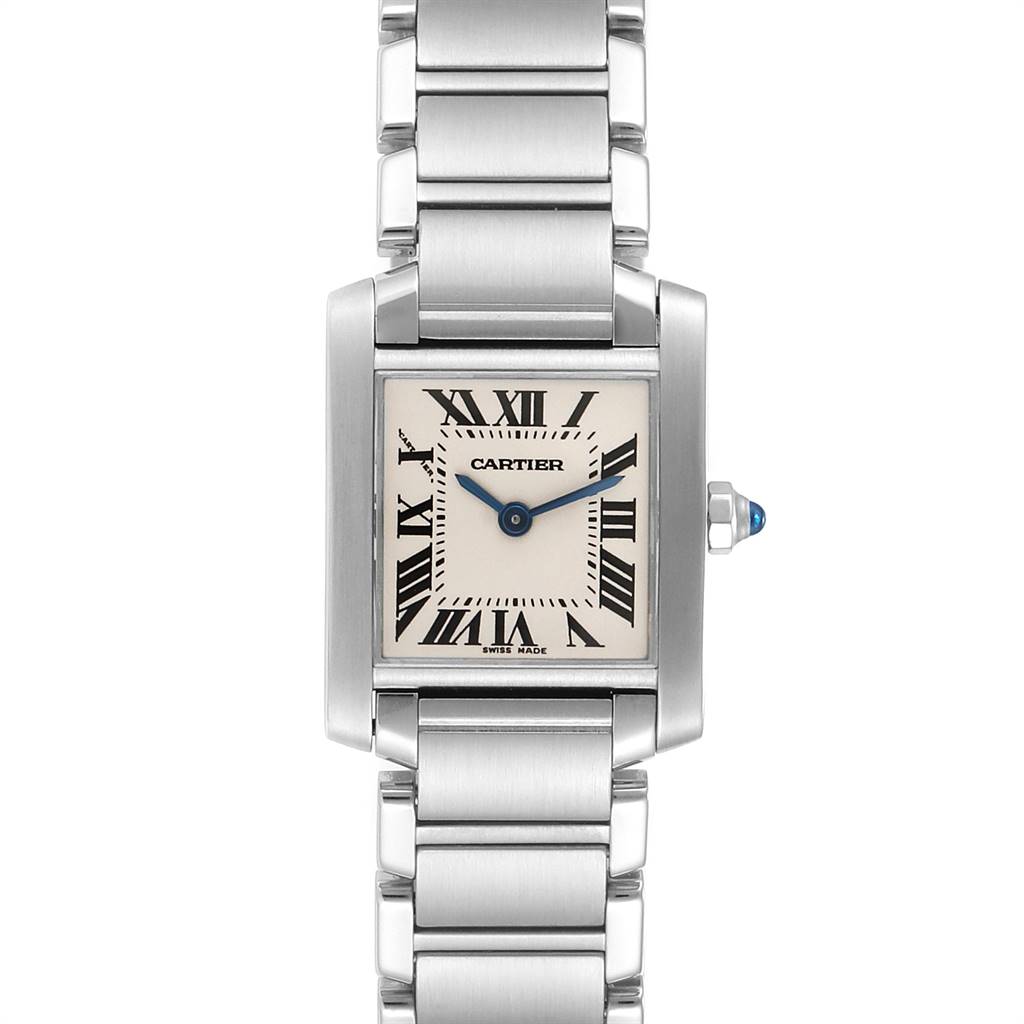 This is a head-on view of the Cartier Tank Francaise W51008Q3 Women's Stainless Steel Silver Dial W51008Q3 Women's Stainless Steel Silver Dial watch, showing the face, bracelet, and crown.