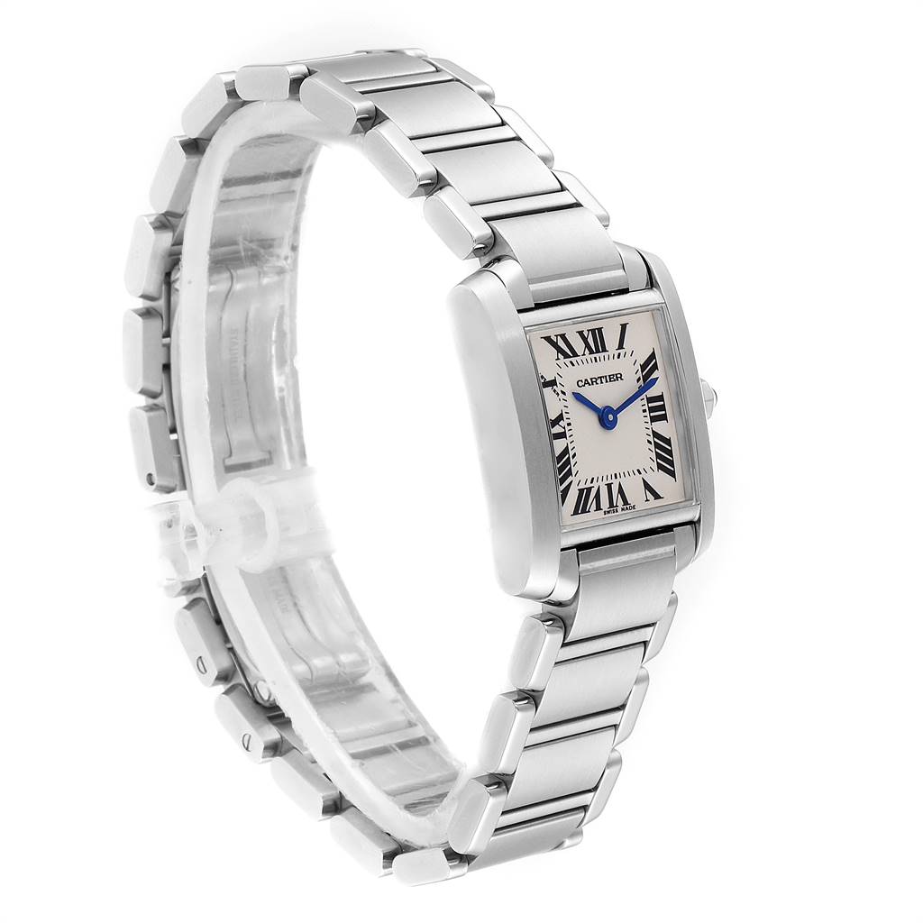 The image shows a Cartier Tank Francaise W51008Q3 Women's Stainless Steel Silver Dial W51008Q3 Women's Stainless Steel Silver Dial watch at a three-quarter angle, highlighting its bracelet and rectangular face.