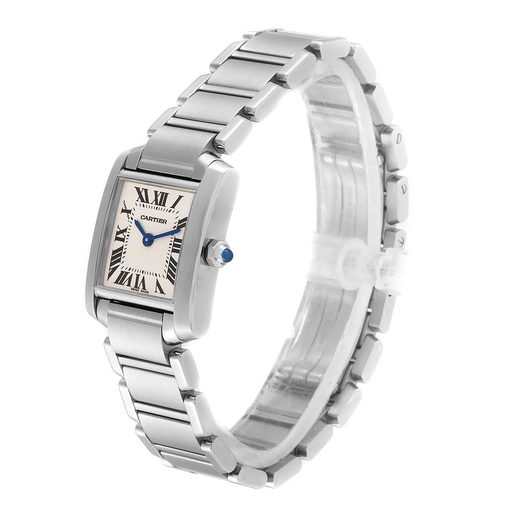 The image shows a Cartier Tank Francaise W51008Q3 Women's Stainless Steel Silver Dial W51008Q3 Women's Stainless Steel Silver Dial watch angled to display the face and bracelet.