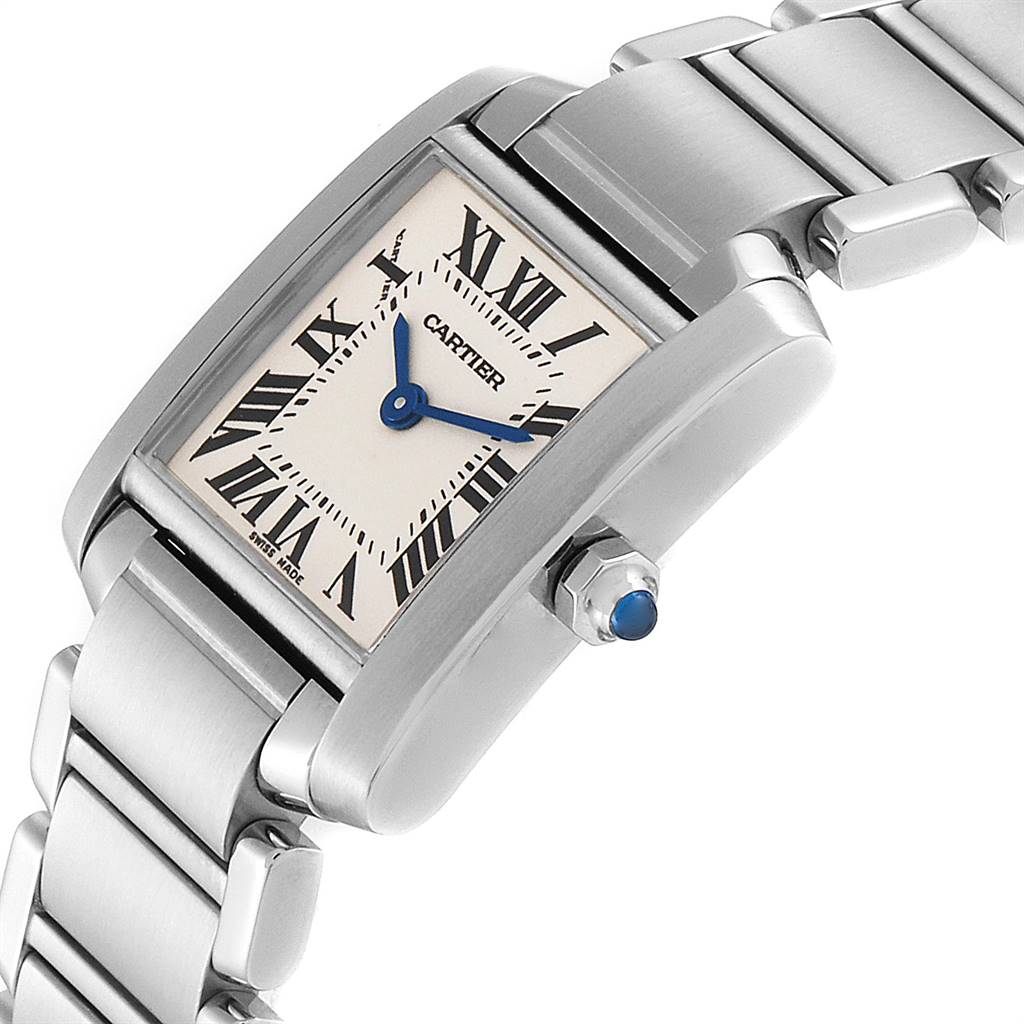 The image shows a close-up of a Cartier Tank Française watch at an angled view, focusing on the face, bezel, and part of the bracelet.