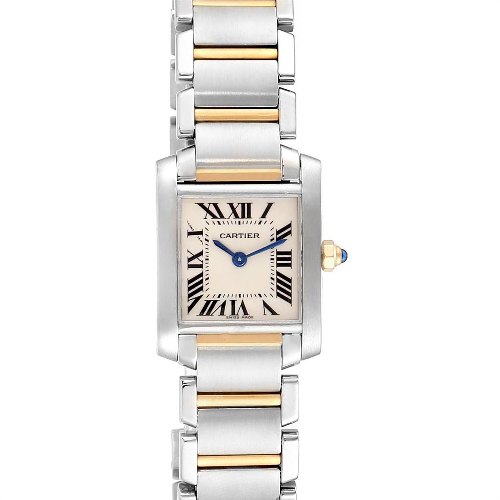 The image shows a frontal view of the Cartier Tank Française watch, highlighting its face and two-tone metal bracelet.