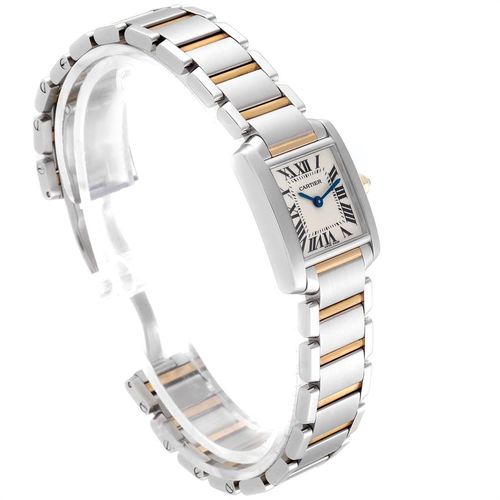 This image shows a side angle of the Cartier Tank Française watch, displaying its face, bracelet, and clasp.