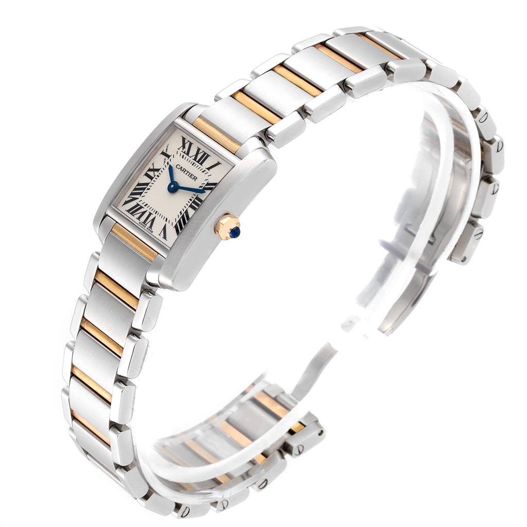 The image shows a Cartier Tank Française watch at a three-quarter angle, highlighting the face, crown, and two-tone metal bracelet.