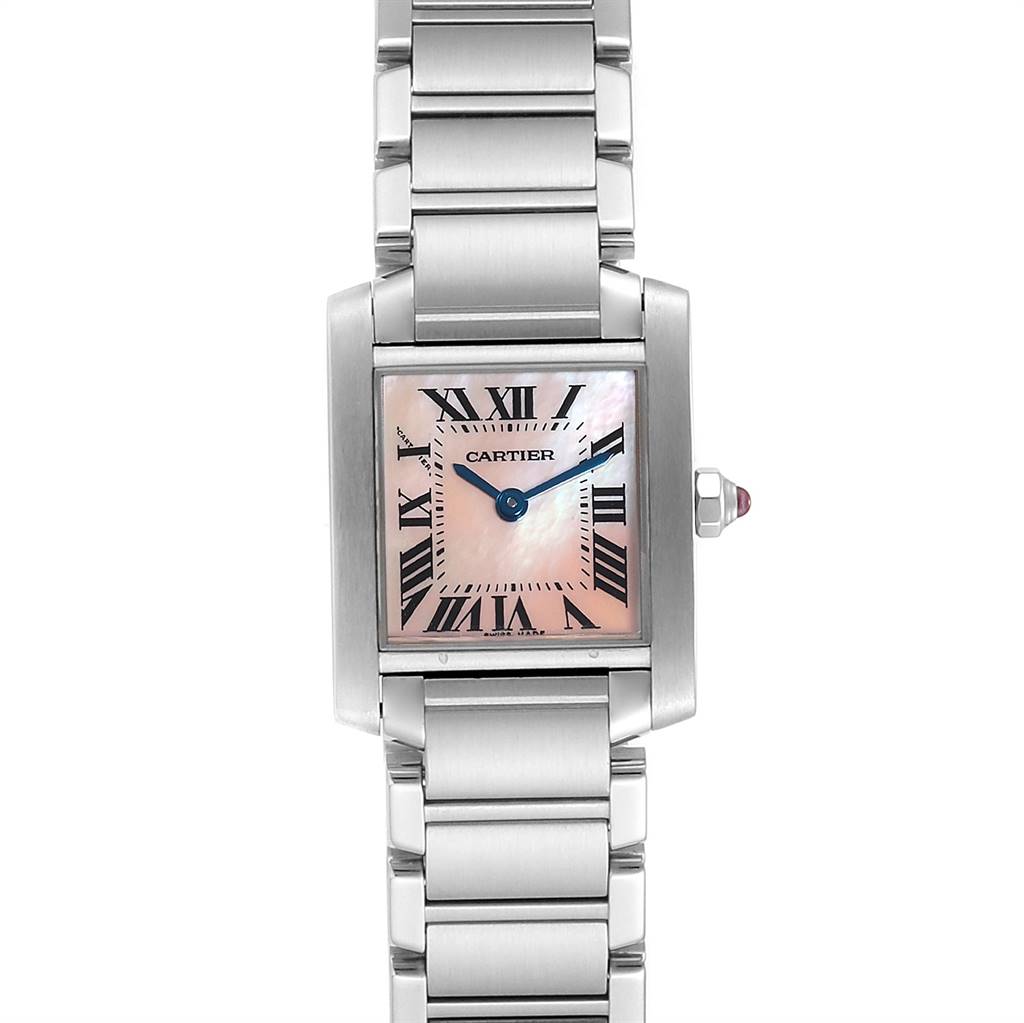 The image shows a Cartier Tank Française watch from a front view, highlighting its face, bracelet, and side crown.
