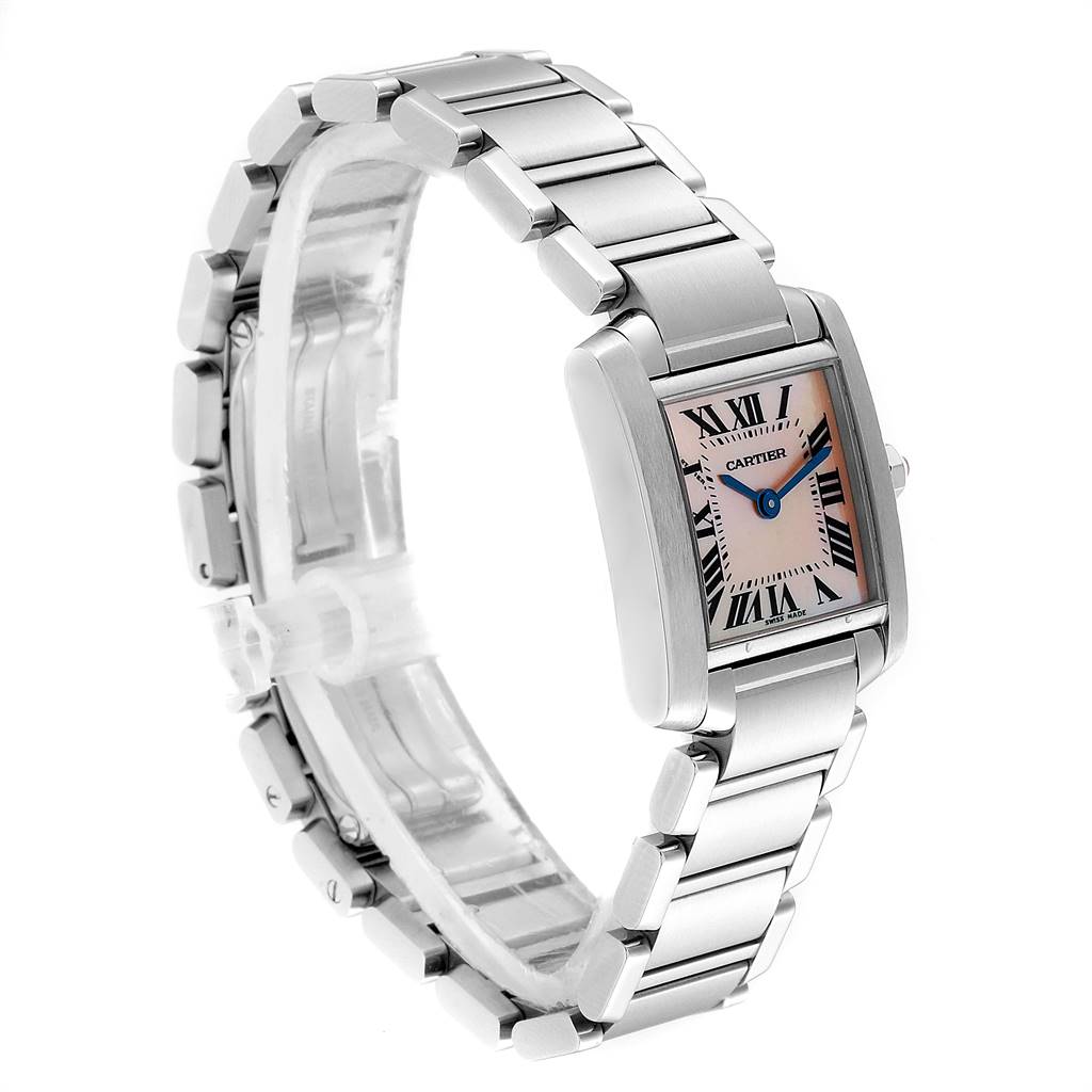 The image shows a Cartier Tank Francaise W51028Q3 Women's Stainless Steel Mother of Pearl Dial W51028Q3 Women's Stainless Steel Mother of Pearl Dial watch from an angled side view, highlighting its stainless steel bracelet and rectangular dial.