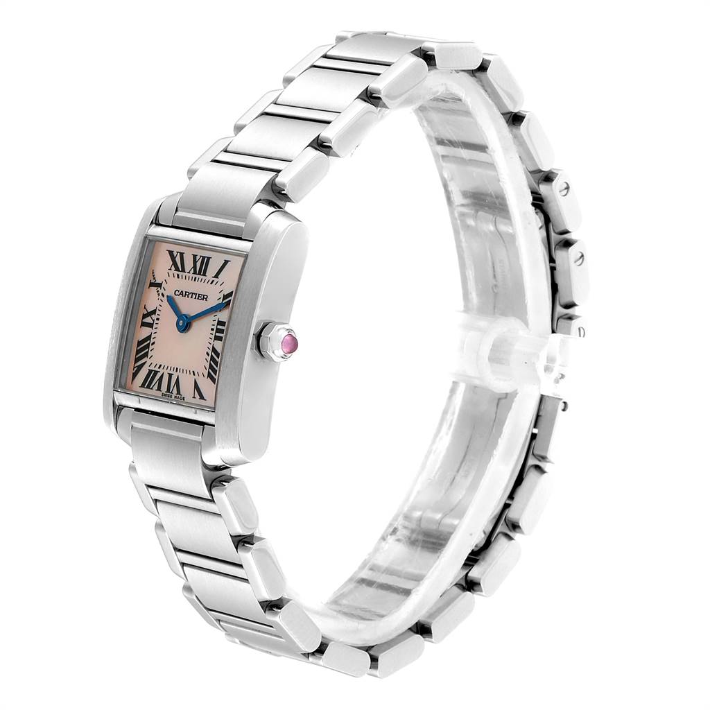 This Cartier Tank Francaise W51028Q3 Women's Stainless Steel Mother of Pearl Dial W51028Q3 Women's Stainless Steel Mother of Pearl Dial watch is shown at an angle displaying the face, bracelet, and side profile.