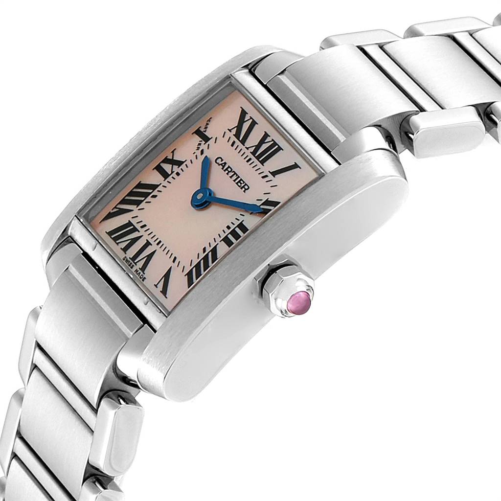 This image shows a close-up of the Cartier Tank Francaise W51028Q3 Women's Stainless Steel Mother of Pearl Dial W51028Q3 Women's Stainless Steel Mother of Pearl Dial watch at a diagonal angle, highlighting the rectangular face, Roman numerals, and metal bracelet with a visible crown featuring a pink gemstone at the side.