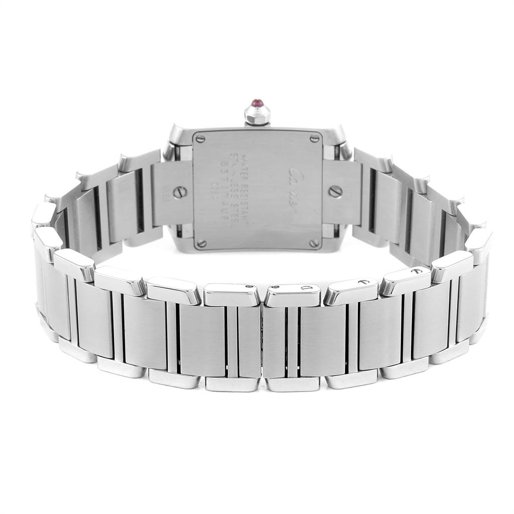The image shows the back view of a Cartier Tank Francaise W51028Q3 Women's Stainless Steel Mother of Pearl Dial W51028Q3 Women's Stainless Steel Mother of Pearl Dial watch, highlighting its bracelet and case back.