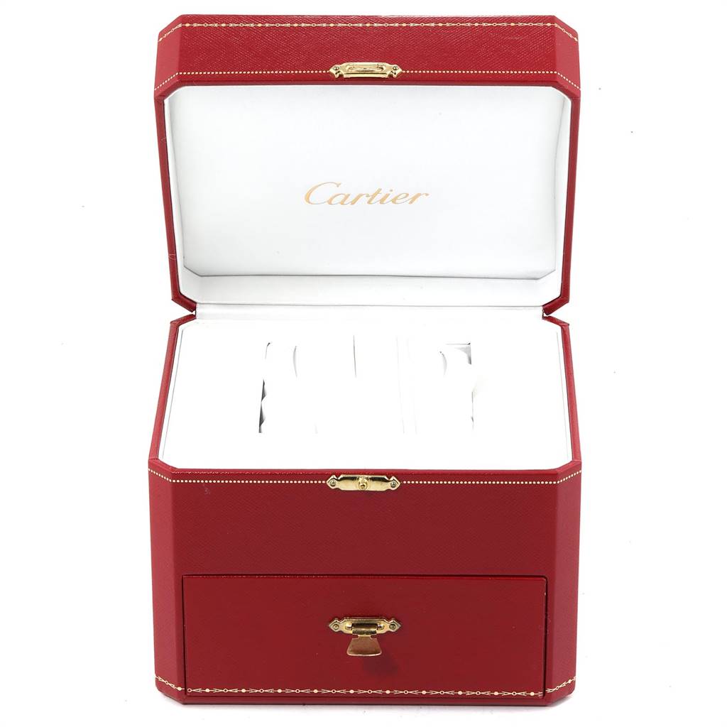 This image shows an open red Cartier watch box for the Tank Francaise model by Cartier, viewed from the front.