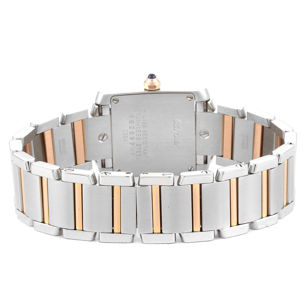 The image shows the back and bracelet of a Cartier Tank Francaise W51027Q4 Women's Steel and Gold (two tone) Mother of Pearl Dial W51027Q4 Women's Steel and Gold (two tone) Mother of Pearl Dial watch, highlighting its stainless steel and gold link design.