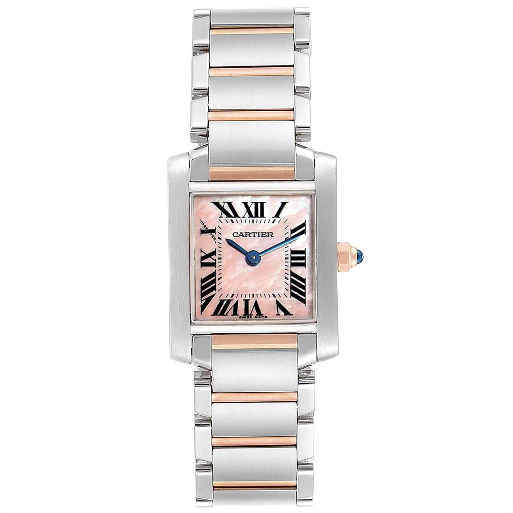 The Cartier Tank Francaise W51027Q4 Women's Steel and Gold (two tone) Mother of Pearl Dial W51027Q4 Women's Steel and Gold (two tone) Mother of Pearl Dial watch is shown from a front angle, displaying the face, case, and part of the bracelet.
