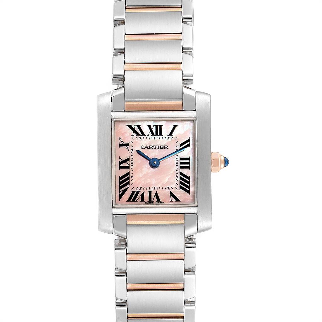 The image shows a Cartier Tank Francaise W51027Q4 Women's Steel and Gold (two tone) Mother of Pearl Dial W51027Q4 Women's Steel and Gold (two tone) Mother of Pearl Dial watch from a front angle, displaying its face, Roman numerals, hands, and part of the bracelet.