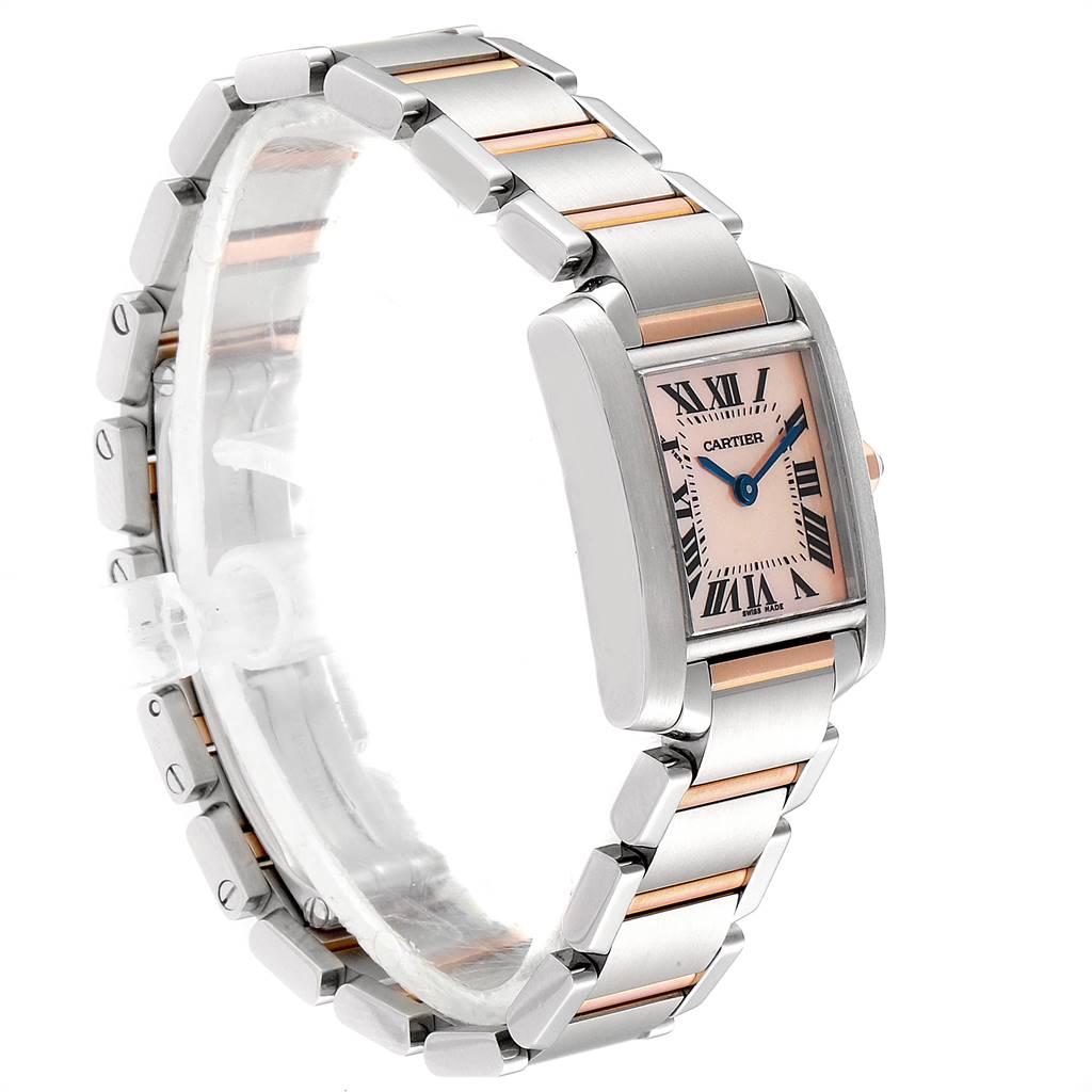 The image shows a Cartier Tank Francaise W51027Q4 Women's Steel and Gold (two tone) Mother of Pearl Dial W51027Q4 Women's Steel and Gold (two tone) Mother of Pearl Dial watch from a side angle, highlighting its pink dial and stainless steel bracelet.