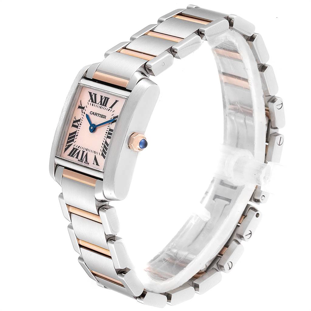 The image shows a side angle of the Cartier Tank Francaise W51027Q4 Women's Steel and Gold (two tone) Mother of Pearl Dial W51027Q4 Women's Steel and Gold (two tone) Mother of Pearl Dial watch, highlighting its bezel, crown, and two-tone metal bracelet.