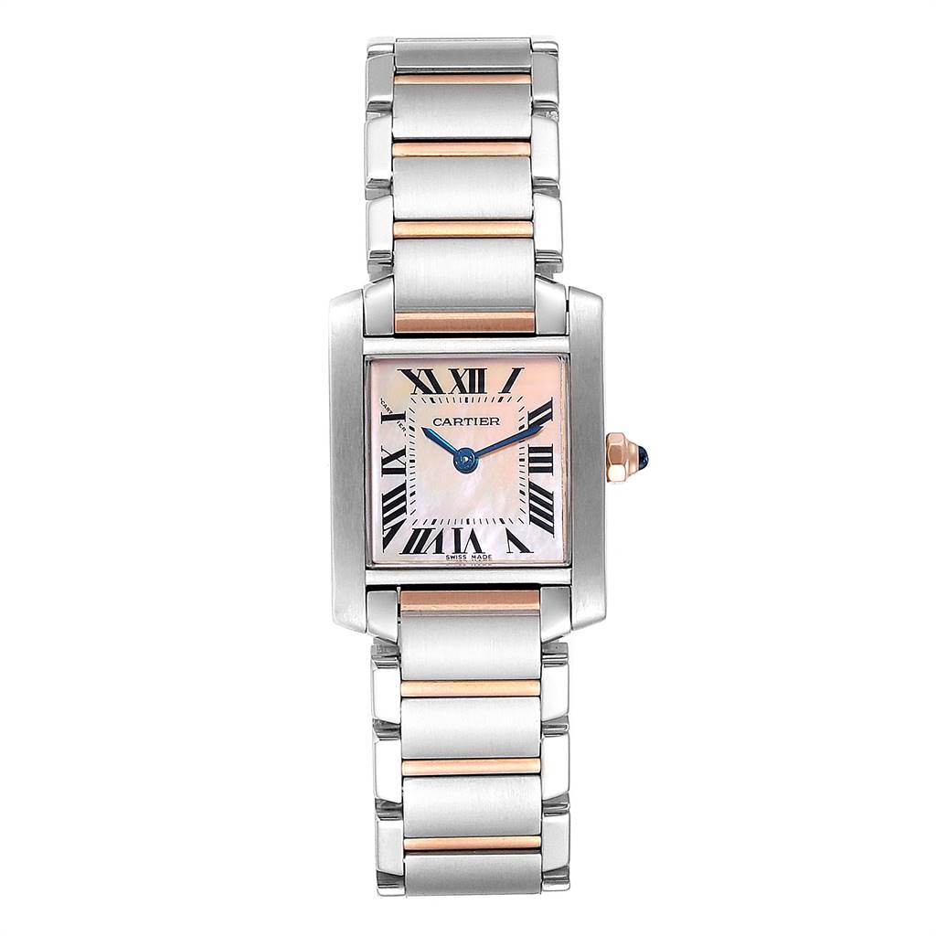 The image shows a front view of a Cartier Tank Française watch, highlighting its face, bracelet, and blue cabochon crown.