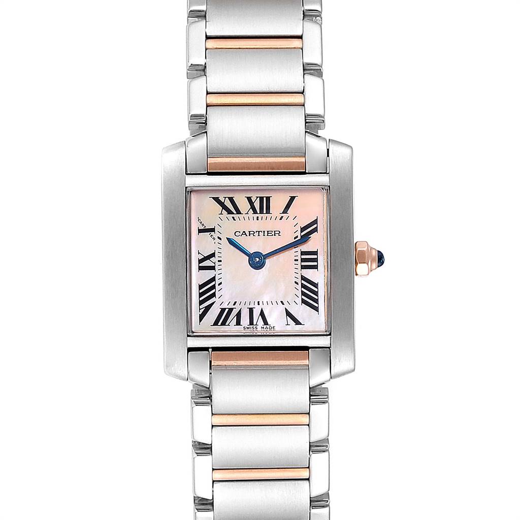 This image shows a front view of the Cartier Tank Francaise W51027Q4 Women's Steel and Gold (two tone) Mother of Pearl Dial W51027Q4 Women's Steel and Gold (two tone) Mother of Pearl Dial watch, highlighting the face, casing, and part of the two-tone bracelet.