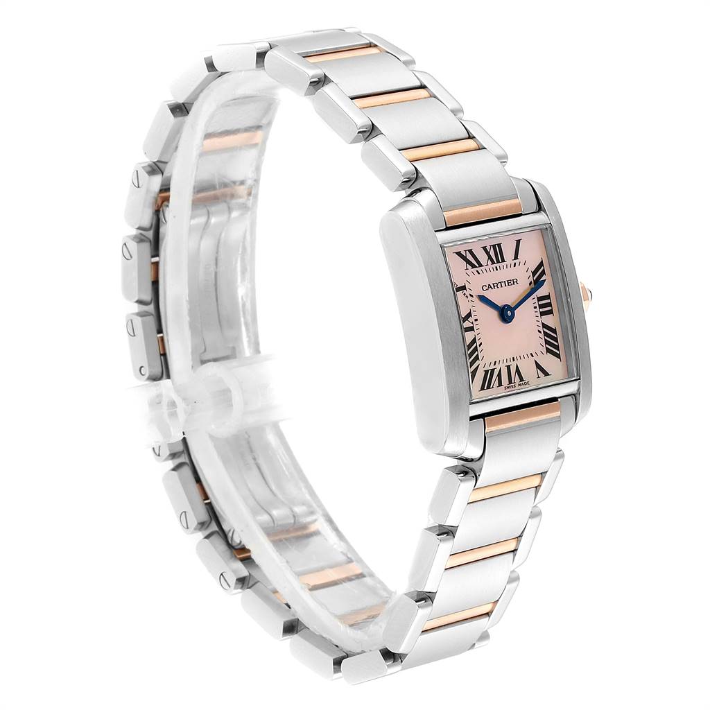 The Cartier Tank Francaise W51027Q4 Women's Steel and Gold (two tone) Mother of Pearl Dial W51027Q4 Women's Steel and Gold (two tone) Mother of Pearl Dial watch is shown at a three-quarter angle, highlighting its band and rectangular face with Roman numerals.