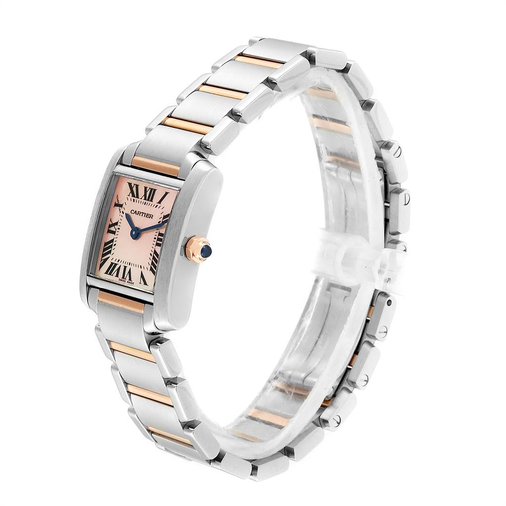 The image shows a side angle of a Cartier Tank Francaise W51027Q4 Women's Steel and Gold (two tone) Mother of Pearl Dial W51027Q4 Women's Steel and Gold (two tone) Mother of Pearl Dial watch, highlighting the bracelet and crown details.