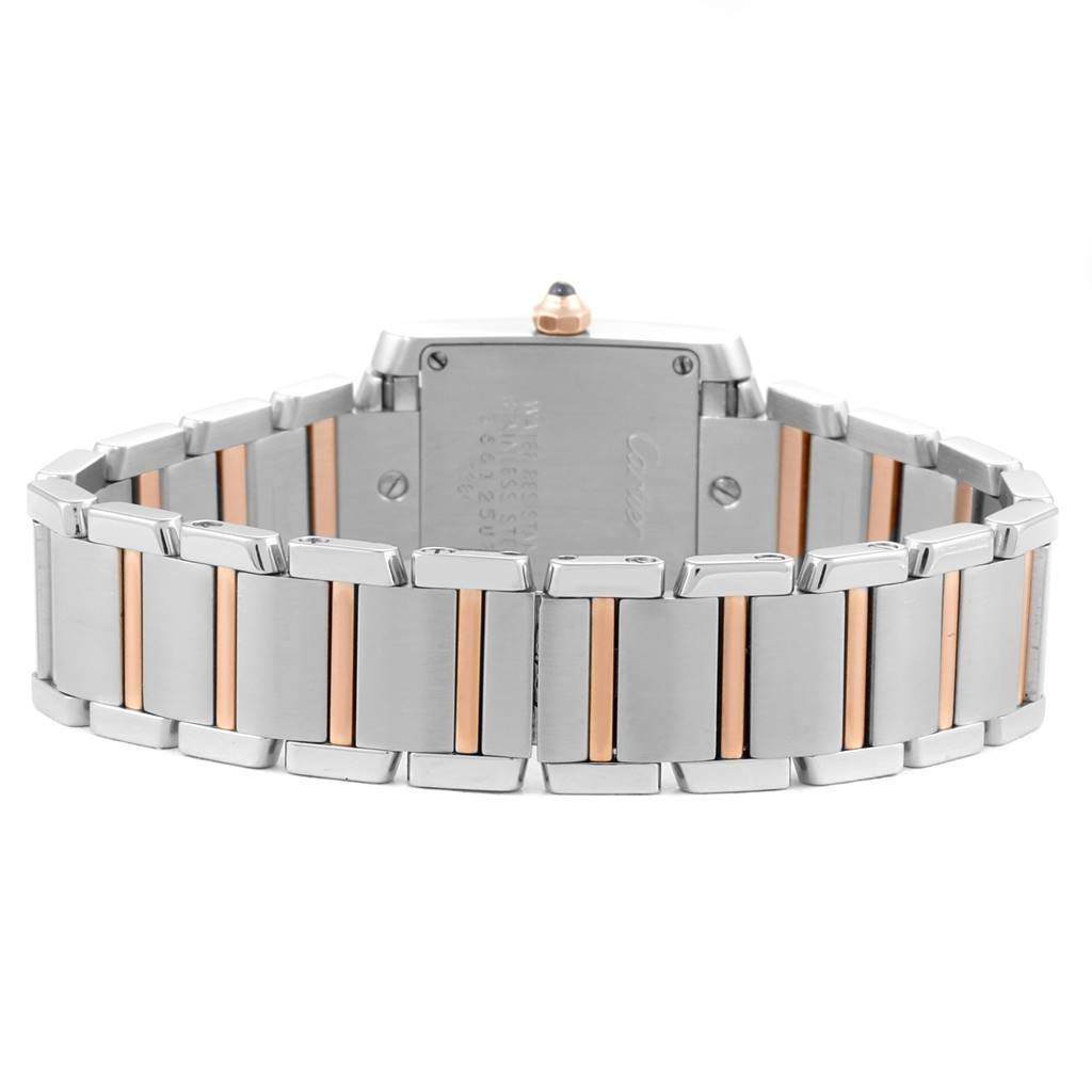The image shows the back view of a Cartier Tank Francaise W51027Q4 Women's Steel and Gold (two tone) Mother of Pearl Dial W51027Q4 Women's Steel and Gold (two tone) Mother of Pearl Dial watch, highlighting its metal bracelet with gold accents.