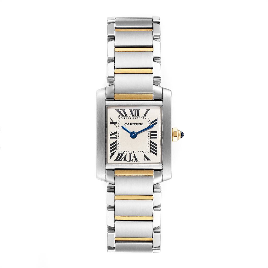 The image shows a Cartier Tank Francaise W51007Q4 Women's Steel and Gold (two tone) Silver Dial W51007Q4 Women's Steel and Gold (two tone) Silver Dial watch from a top-down angle, displaying the rectangular face, bracelet, and crown.