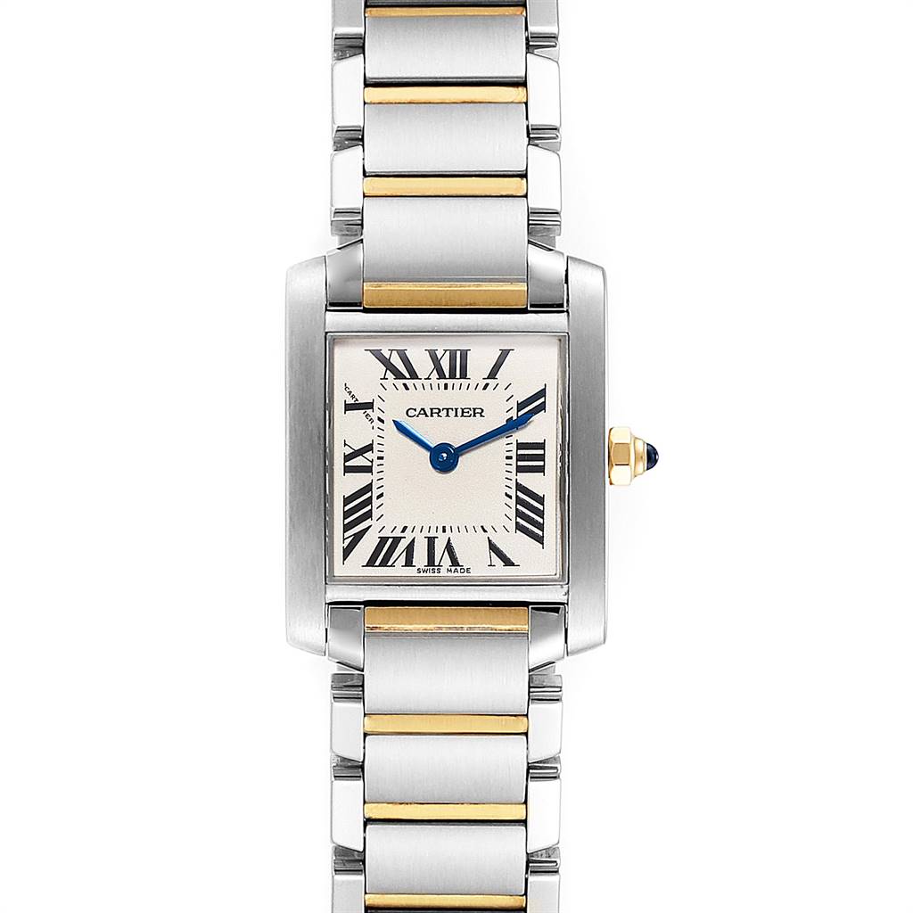 The image shows a front view of the Cartier Tank Française watch, highlighting the dial, bezel, and stainless steel band with gold accents.
