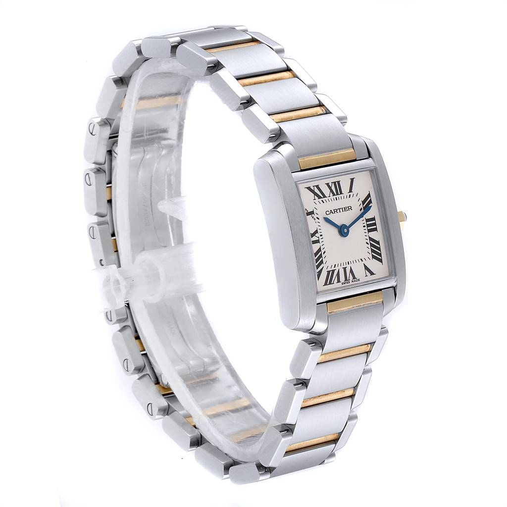 The image shows a side angle of the Cartier Tank Francaise W51007Q4 Women's Steel and Gold (two tone) Silver Dial W51007Q4 Women's Steel and Gold (two tone) Silver Dial watch, highlighting its rectangular face and metal bracelet with gold accents.